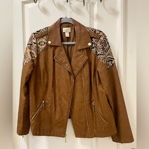 Chico's Brown Vegan Leather Jacket with Embroidered Accents NWOT